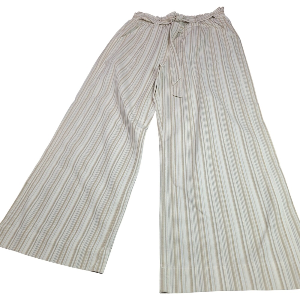 Kate & Sam Womens Large Wide Leg Striped Paperbag Waist Pants Tan Gold Metallic
